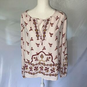 Bobeau Women's S Small Floral Peasant Pink Tie V Neck Blouse